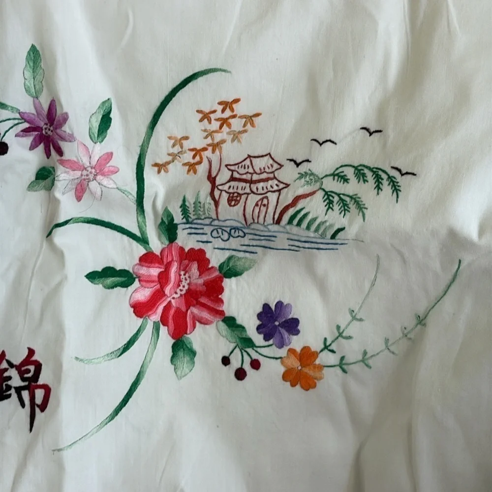 Set of Vintage White Embroidered Asian Inspired Floral Decorative Pillow Cases